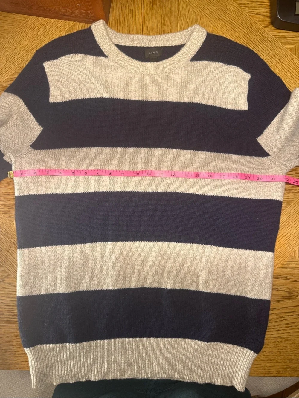 Vintage J Crew 100% Wool Navy and Natural Stripe Crewneck Sweater